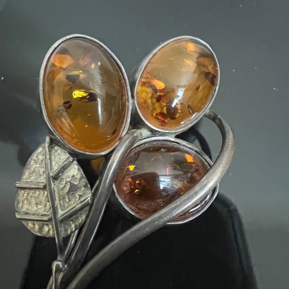 VINTAGE BALTIC AMBER BROOCH 925 STERLING SILVER HONEY  LARGE FLOWER - Picture 8 of 9